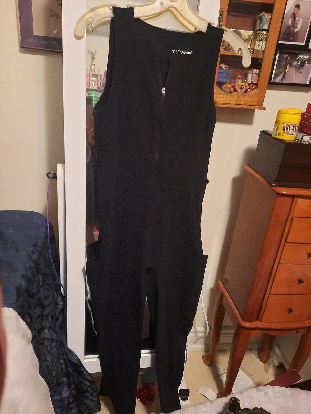 TnAction Active Black Tank Zip-Front Jumpsuit Illuminated Logo Deep Pockets Yoga